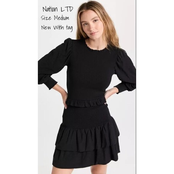 Nation LTD Black Textured Long Sleeve Ruffle Dress - Size M, New With Tags - Picture 1 of 6